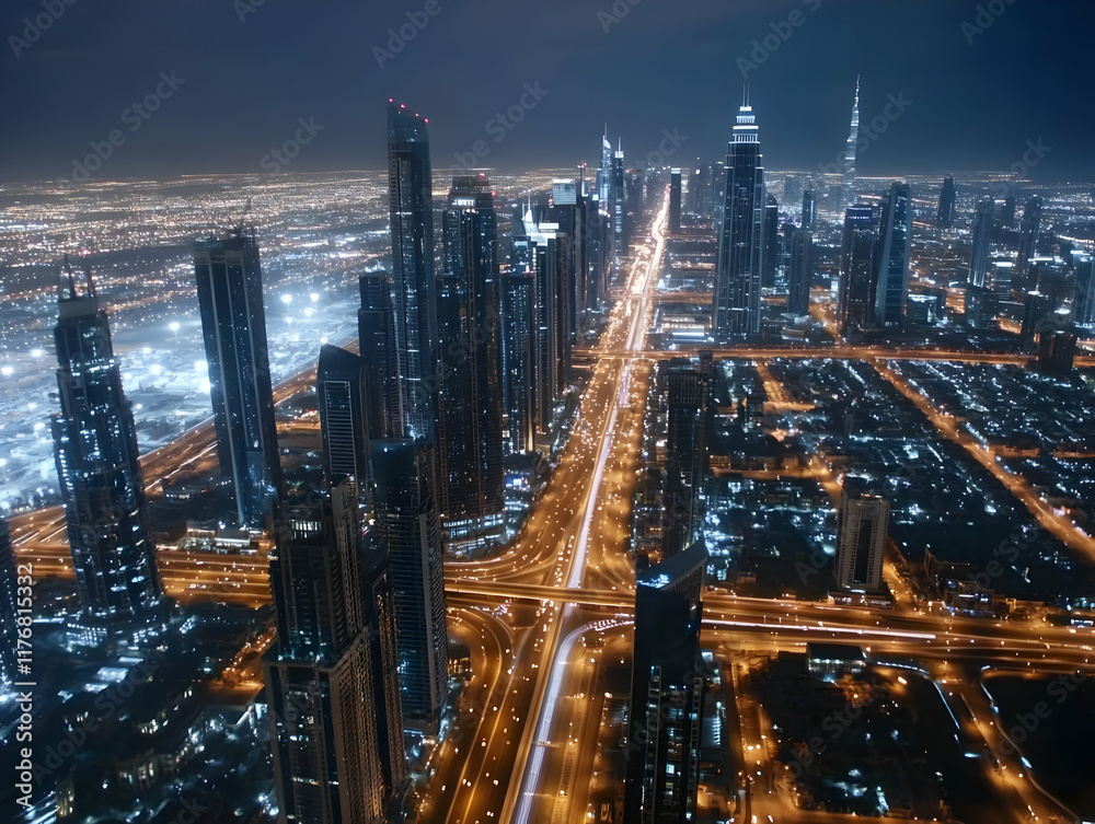 Fototapeta premium Night Cityscape Aerial View Illustration