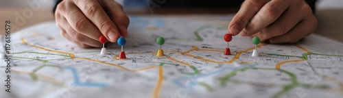 Close-Up of Hands Placing Colorful Markers on a Community Development Map Symbolizing Teamwork and Collaborative Governance Efforts