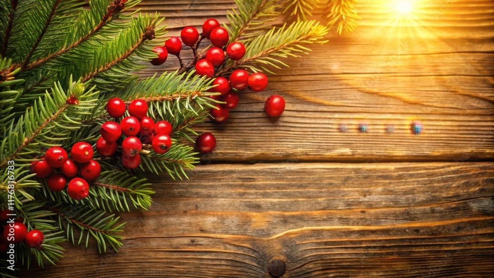 Evergreen branch with red berries against a warm rustic wooden background, lit softly by soft golden light, Wooden Tree Branch, Rustic Wood Evergreen branch with red berries against a warm rustic wooden background, lit softly by soft golden light, Wooden Tree Branch, Rustic Wood