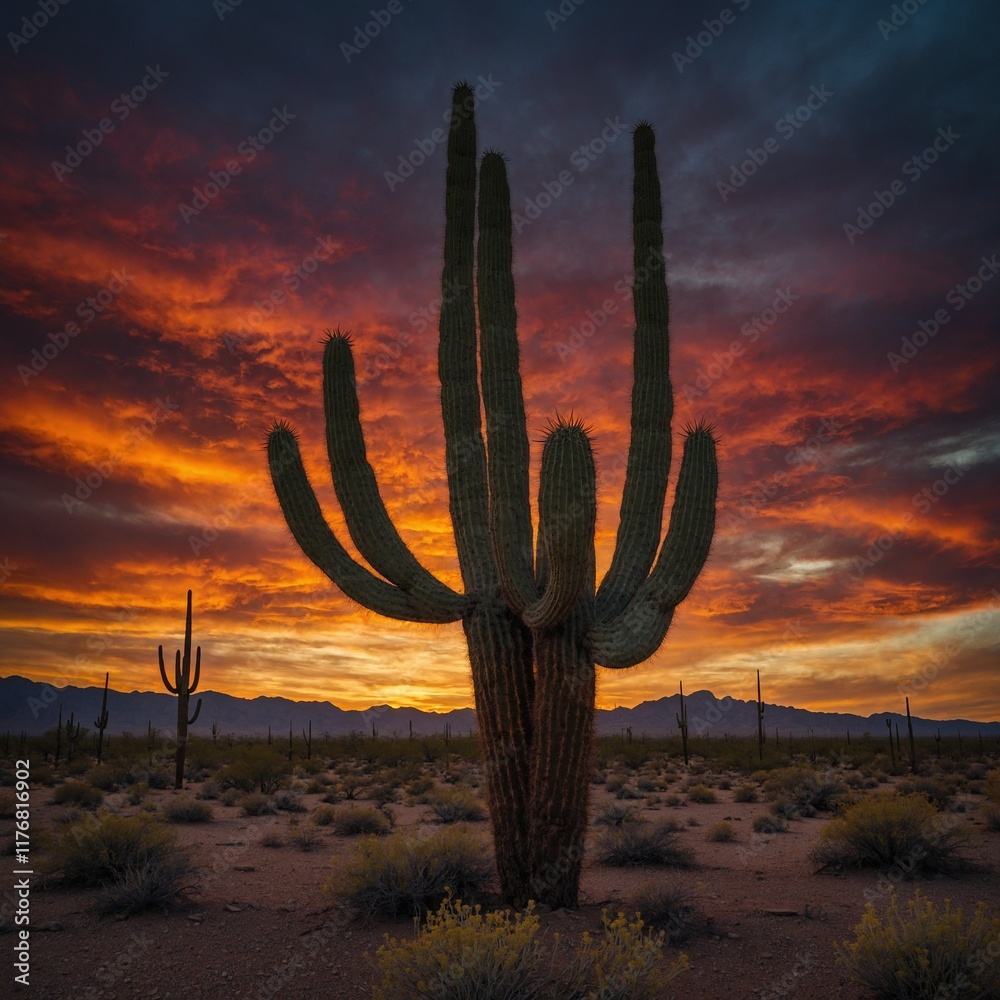 A lone cactus silhouetted against a fiery desert sky. A lone cactus silhouetted against a fiery desert sky.