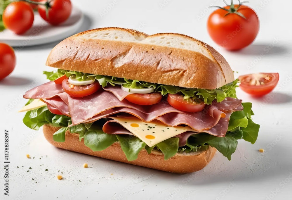 A mouth-watering sandwich with layers of ham, salami, cheese, lettuce, and tomatoes on a white background A mouth-watering sandwich with layers of ham, salami, cheese, lettuce, and tomatoes on a white background
