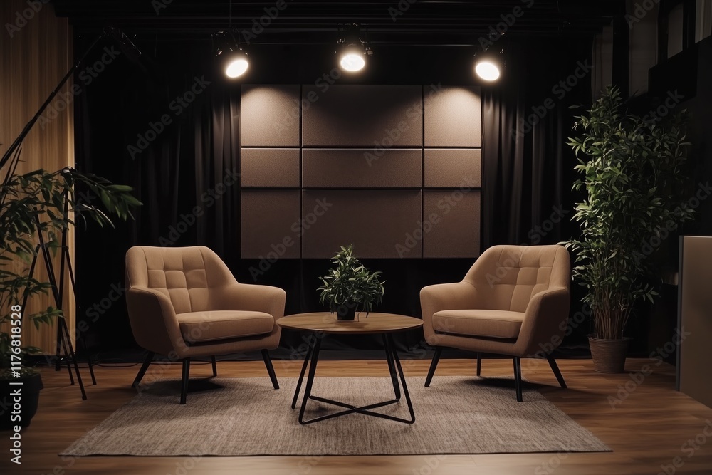 Fototapeta premium Cozy minimalist studio. Empty studio without people. Studio for podcasts or interviews. Stylish studio. Two comfortable armchairs with lighting and a coffee table