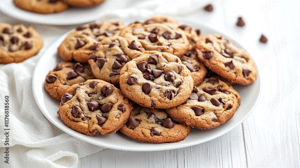 Delicious freshly baked chocolate chip cookies on a white plate with a soft background Delicious freshly baked chocolate chip cookies on a white plate with a soft background