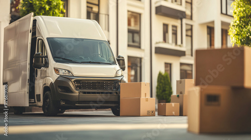 A moving van surrounded by boxes, representing relocation, packing, and transportation activities.