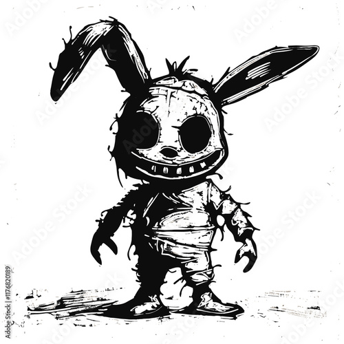 Creepy stitched bunny with dark eyes in a black-and-white style.