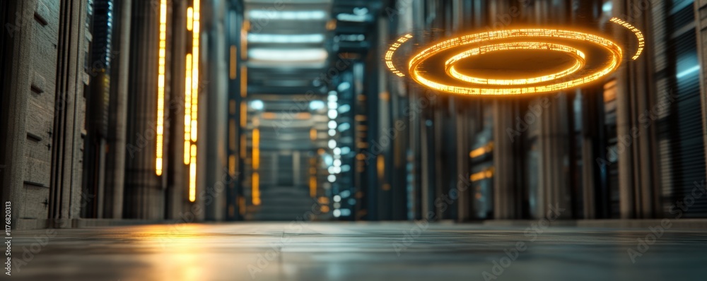 Fototapeta premium Futuristic neon lit corridor with floating digital ring in modern architecture setting