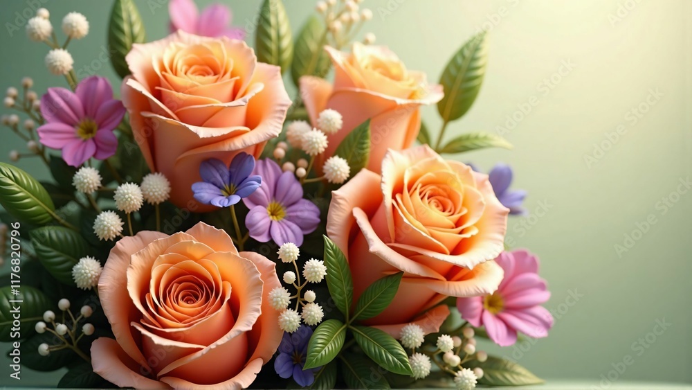 Elegant Bouquet of Peach Roses with Mixed Floral Arrangement and Soft Green Background Elegant Bouquet of Peach Roses with Mixed Floral Arrangement and Soft Green Background