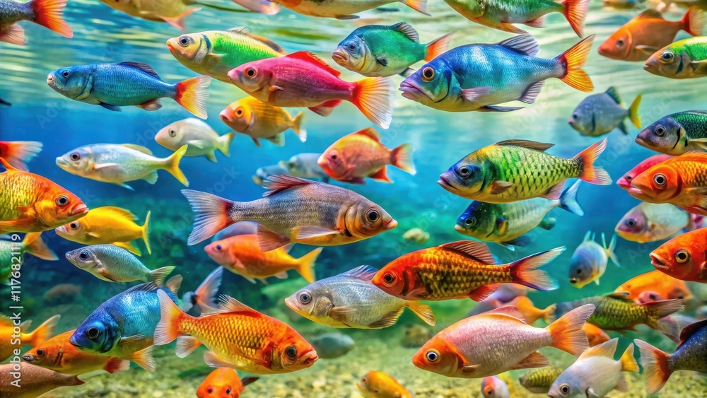 Naklejka premium A school of colorful freshwater fish swimming together in a shallow lake, fish, aquatic life, fish