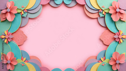 Colorful layered paper cut frame in bright tones with blank center. Greeting cards, event invitations, creative designs, banner,