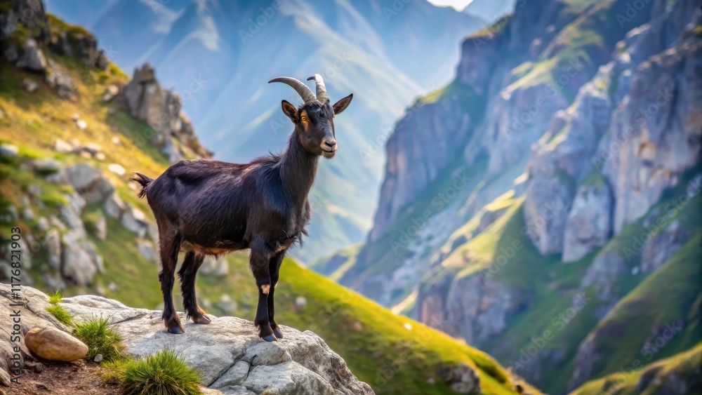 Black goat standing alone on a mountain slope with rugged terrain and rocks in the background, nature Black goat standing alone on a mountain slope with rugged terrain and rocks in the background, nature