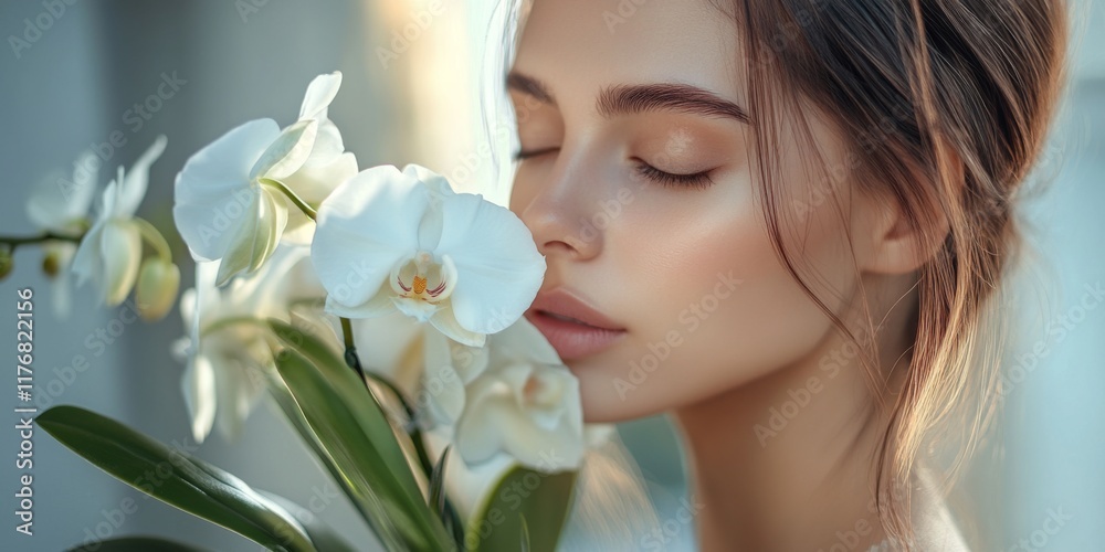 A serene young woman gently holds a beautiful bouquet of white orchids. Her peaceful expression and delicate features capture the essence of tranquility and beauty. A serene young woman gently holds a beautiful bouquet of white orchids. Her peaceful expression and delicate features capture the essence of tranquility and beauty.