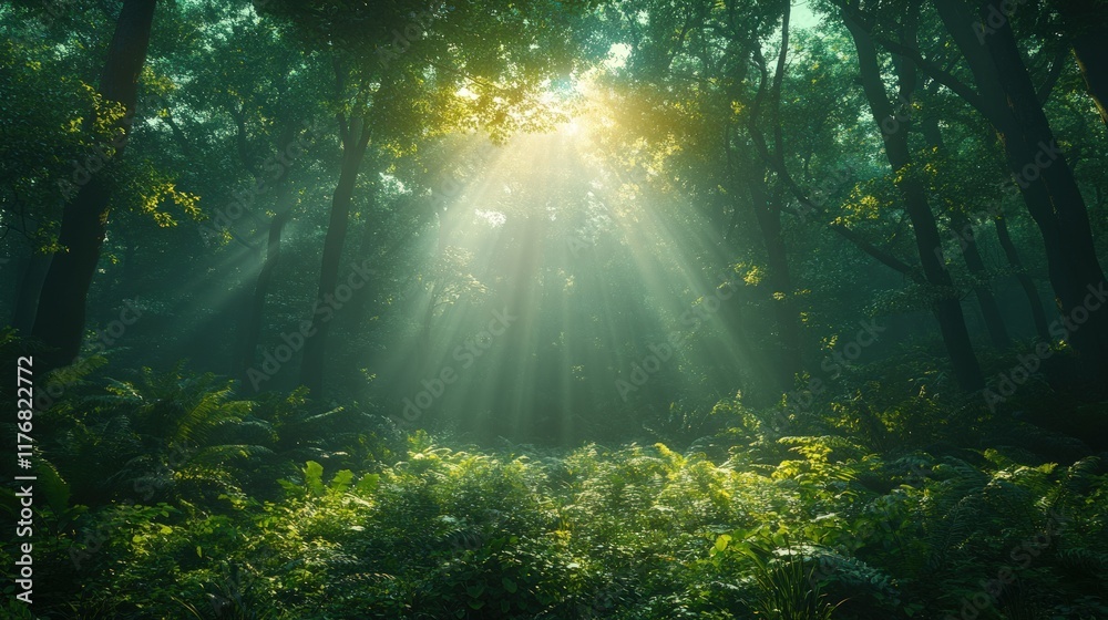 Fototapeta premium Sunbeams illuminate misty, green forest floor.