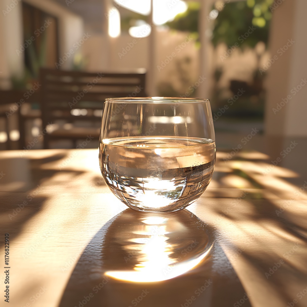 A tiny bottle floating in a huge glass of water on a sunny patio, with light rays shining through A tiny bottle floating in a huge glass of water on a sunny patio, with light rays shining through