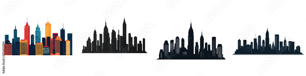 Obraz premium Modern Minimalist City Skyline Silhouette Graphic black and white building skyline cityscape with skyscrapers and highrise office towers in a contemporary abstract design