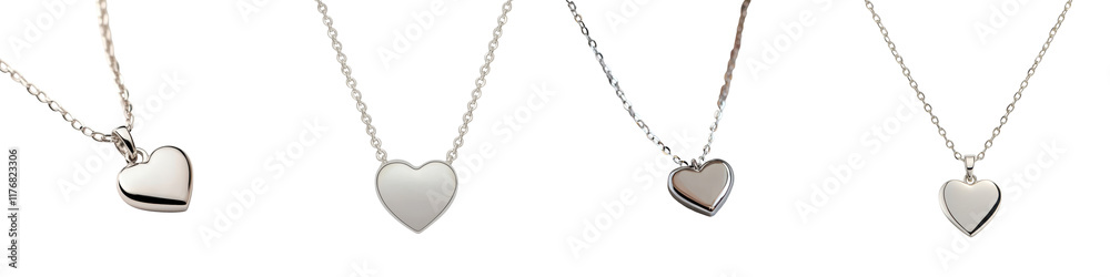 A collection of elegant and minimalist heart shaped pendant necklaces in various metallic finishes including silver and gold A collection of elegant and minimalist heart shaped pendant necklaces in various metallic finishes including silver and gold