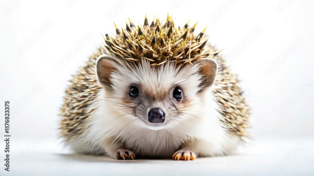 Obraz premium A tiny crowned hedgehog, captivating wildlife portrait, minimalist aesthetic.