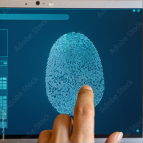 Finger print over computer on the desktop background. Top view. Double exposure. Concept of securitization. photo