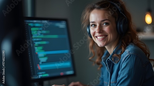 Beautiful young female programmer on the background of monitor with code