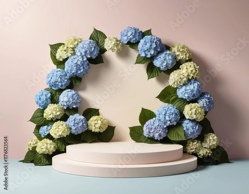 A podium with a backdrop of blooming hydrangea flowers