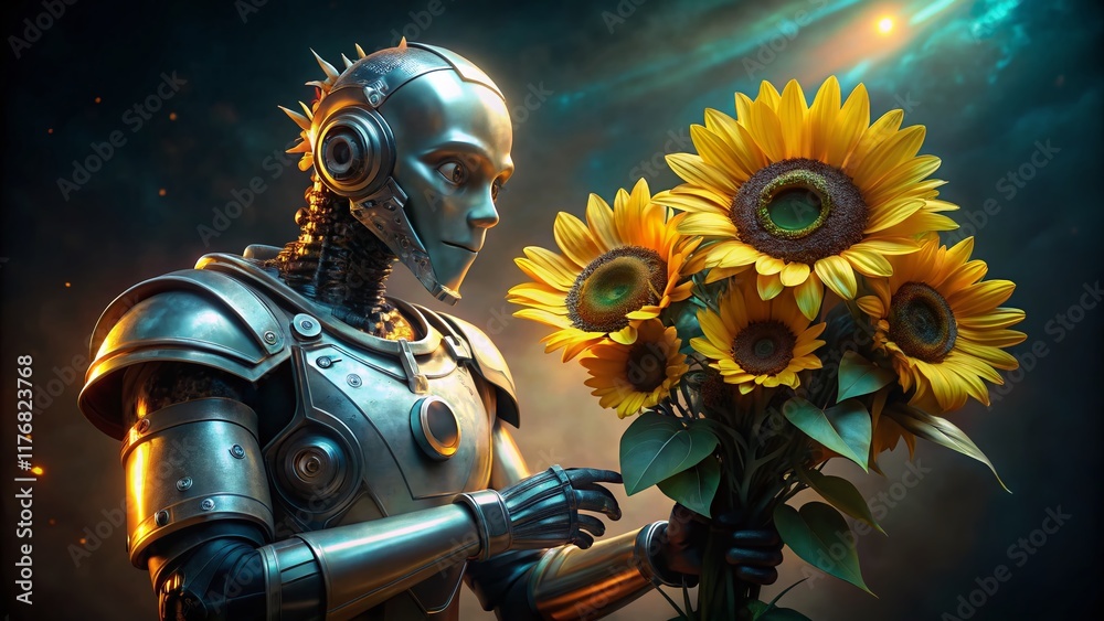 Fototapeta premium 3D Render: Robot Portrait with Sunflowers, Dark Background