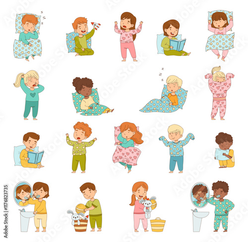 Sleepy Little Boy and Girl Wearing Pajamas Get Ready to Bed Vector Set