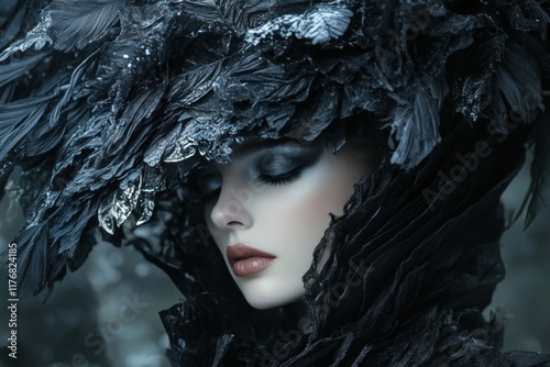 Fashion model wearing dark crow feather headdress and black lace dress photo