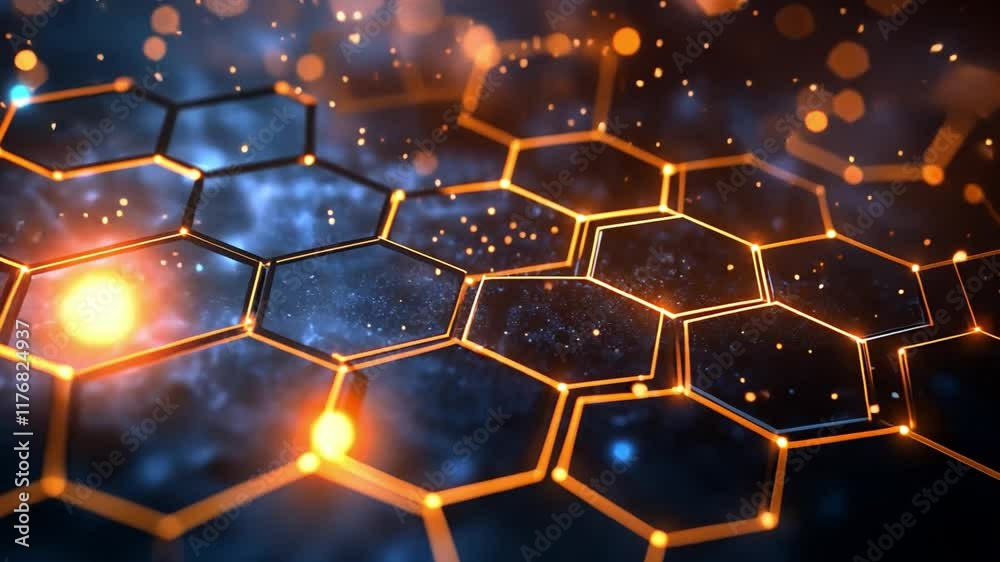Hexagonal Network: Abstract digital art depicting a glowing hexagonal network, evoking themes of connection, technology, and innovation.