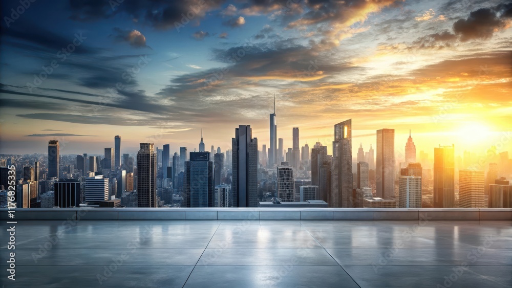 Fototapeta premium Grey mockup background with a futuristic cityscape at sunset, modern city, futuristic city