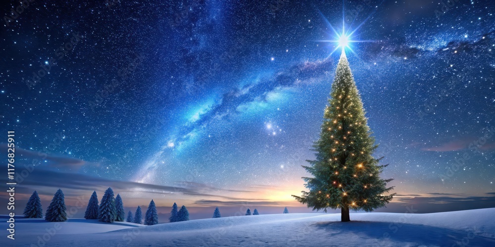 Naklejka premium A majestic Christmas tree stands tall under a breathtaking starry night sky with a shooting star visible in the distance above, holiday season, celestial