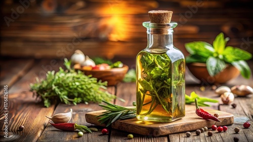 Aromatic herbs and spices infused in a homemade oil bottle with a natural wood stopper , wellness, aromatherapy,  wellness photo