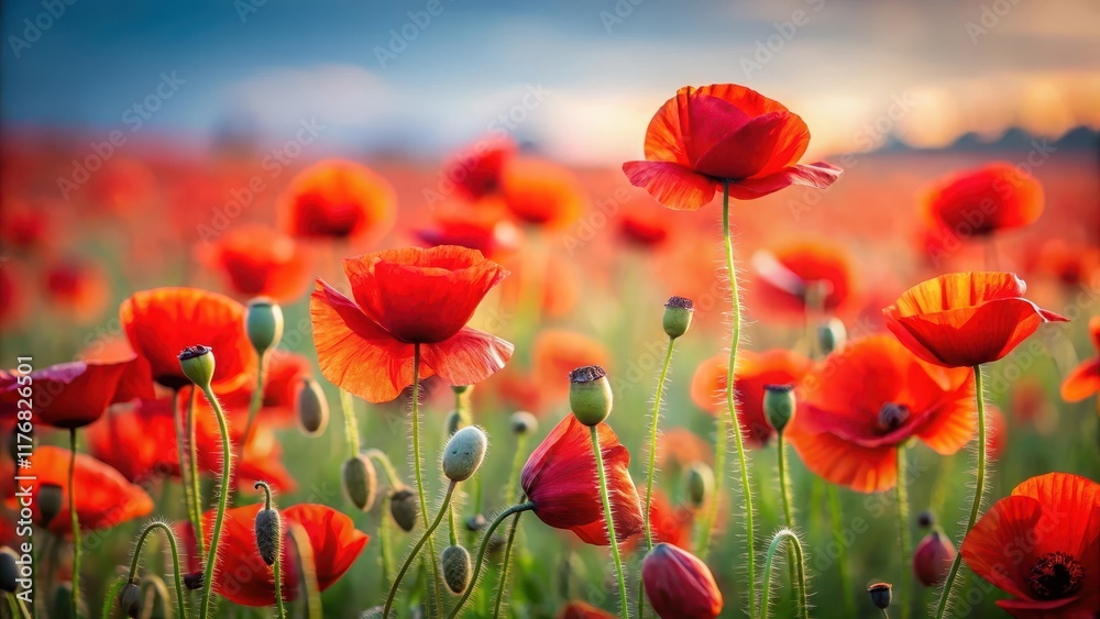 Fototapeta premium A field of bright red poppies swaying gently in the breeze , nature, red flowers, nature, red flowers