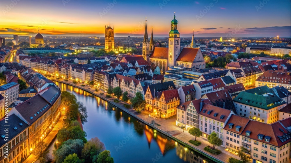Fototapeta premium Aerial view of illuminated M?nchen Innenstadt at dusk