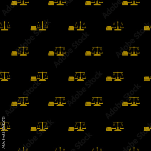 Justice scales and book icon seamless pattern isolated on black background