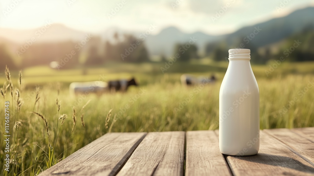 White plain bottle of milk mockup with farm and dairy cow background in the morning White plain bottle of milk mockup with farm and dairy cow background in the morning