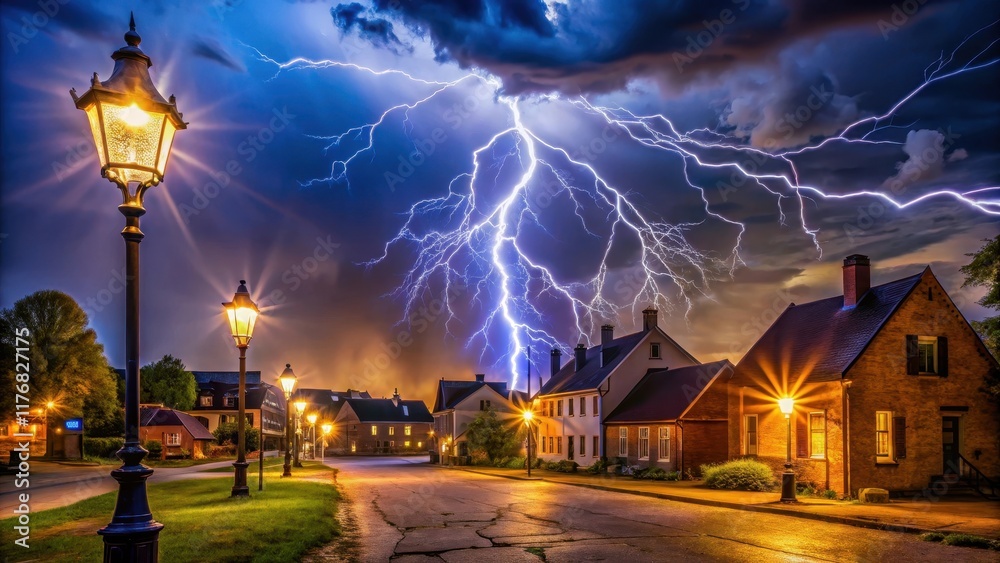 Obraz premium A bolt of lightning illuminates the night sky above a quaint small town with historic buildings and old-fashioned street lamps , rural landscape, stormy night
