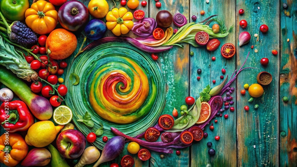 Naklejka premium Abstract Colorful Food Art Painting on Wood Background