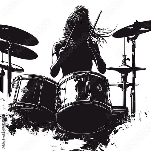 Dynamic black and white drummer illustration.