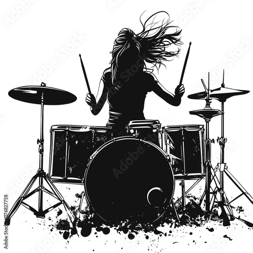 Dynamic black and white drummer illustration.