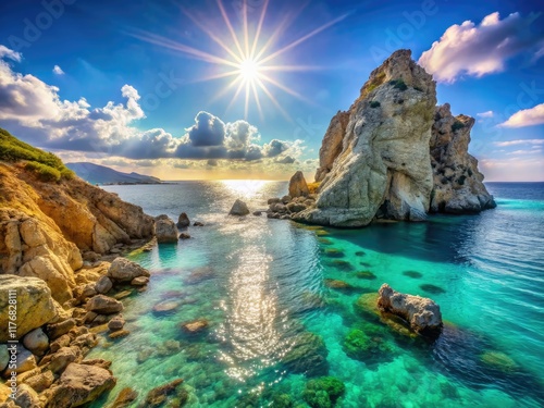 Coastal beauty, stunning rocks embrace the Aegean. Perfect summer holiday escape.