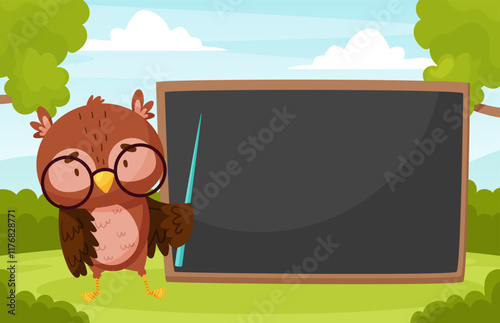 Smart Owl Character as Forest Animal at Chalkboard Vector Template