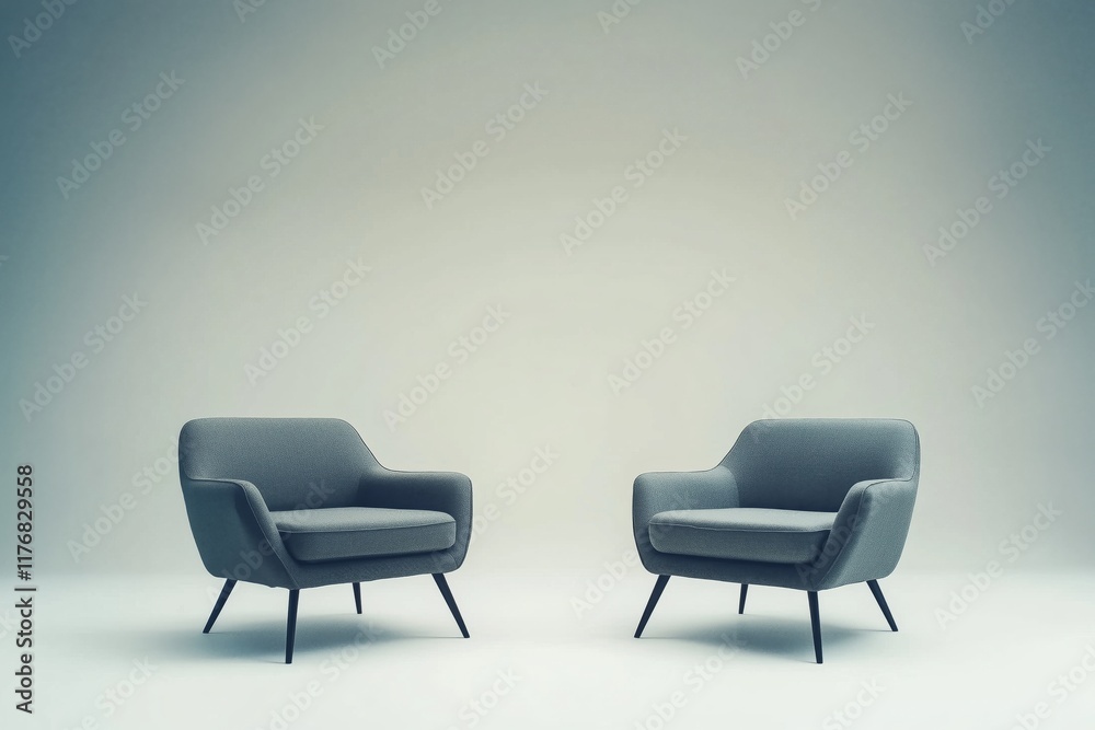 Two modern armchairs stand alone in a sleek, minimalist studio setting, surrounded by neutral background, ideal for adding text or graphics, evoking a professional meeting atmosphere. Two modern armchairs stand alone in a sleek, minimalist studio setting, surrounded by neutral background, ideal for adding text or graphics, evoking a professional meeting atmosphere.