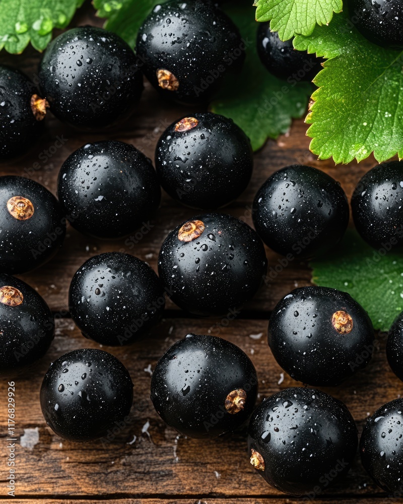 Close-up of fresh wet blackcurrants on a wooden surface with green leaves Ideal for food blogs cookbooks and healthy eating websites Close-up of fresh wet blackcurrants on a wooden surface with green leaves Ideal for food blogs cookbooks and healthy eating websites