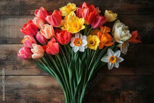 Spring flower arrangement with tulips and daffodils on a wooden surface. Spring flowers tulips and daffodils.	
