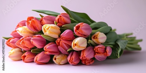 Spring bouquet of white and pink tulips for a festive mood. Bouquet of fresh tulips.	
