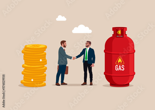 Friendly handshake businessmen between gas in cylinder and gold coins. Sale of natural gas and fuels. Modern flat vector illustration.