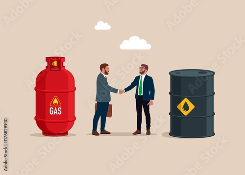 Friendly handshake businessmen between gas in cylinder and oil barrel. Sale of natural gas and fuels, diesel, oil. Modern flat vector illustration.