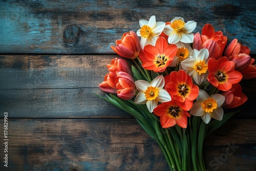 Spring flower arrangement with tulips and daffodils on a wooden surface. Spring flowers tulips and daffodils.	
