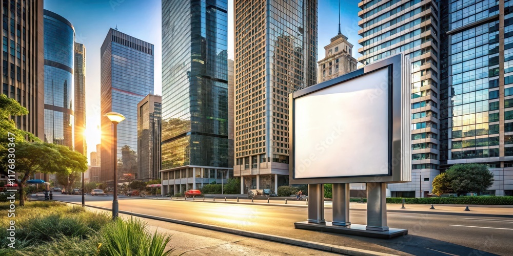 Fototapeta premium Urban street with empty billboard space amidst skyscrapers and modern architecture, blank, urban landscape