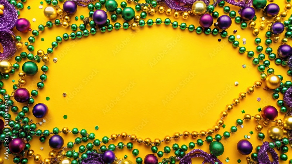 Fototapeta premium Colorful A Frame Beads on Yellow Background, mardi gras colors, confetti
