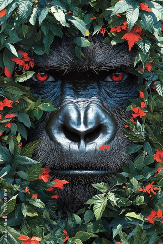 Close-up of a gorilla's face partially hidden in lush tropical foliage Ideal for nature documentaries wildlife conservation campaigns or artistic projects photo